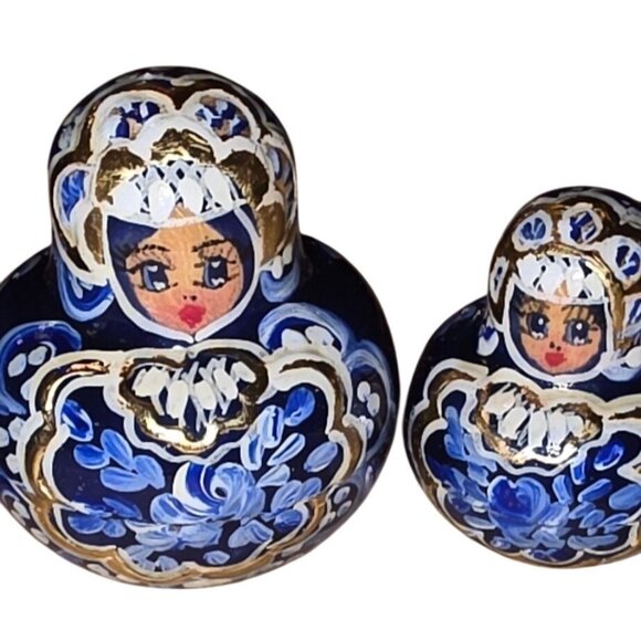 8 Nesting Dolls Russian Matryoshka Blue Gold Hand-Painted Artisan Signed - Picture 8 of 16